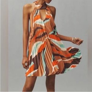 Multicolor Halter Neck Pleated Dress